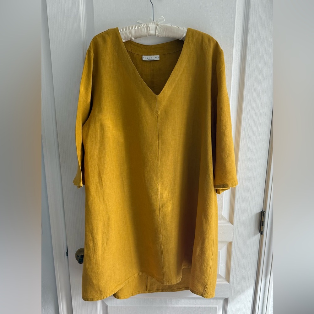 Bryn Walker Tunic Dress 100% Linen Gold Mustard V-neck Bell Half Sleeves Size M